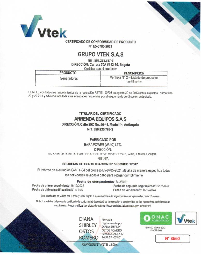 Certificado de conformidad del producto de Vtek, con detalles de la empresa, información del producto y firmas.