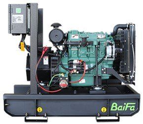 Generador diésel, motor verde, marco negro, logotipo