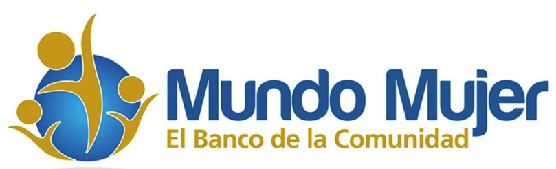 Logotipo del banco Mundo Mujer. Incluye un globo terráqueo con figuras abstractas y texto en azul y dorado.