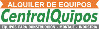 Logotipo para CentralQuipos, empresa de alquiler de equipos, texto verde y blanco sobre fondos naranja y gris.