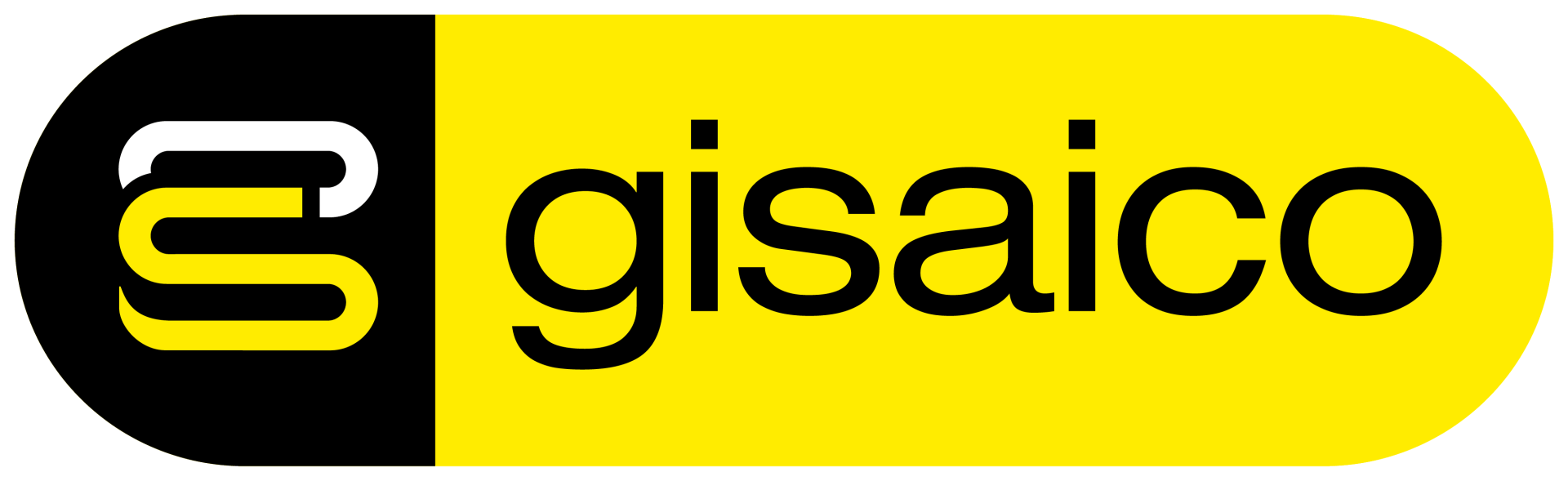 Logotipo para gisaico, una empresa, con un diseño en forma de pastilla de color amarillo y negro.