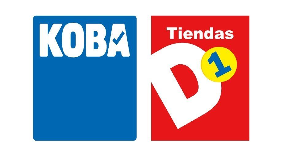 Logotipos de las tiendas Koba y Tiendas D1. Cuadrado azul con el texto 
