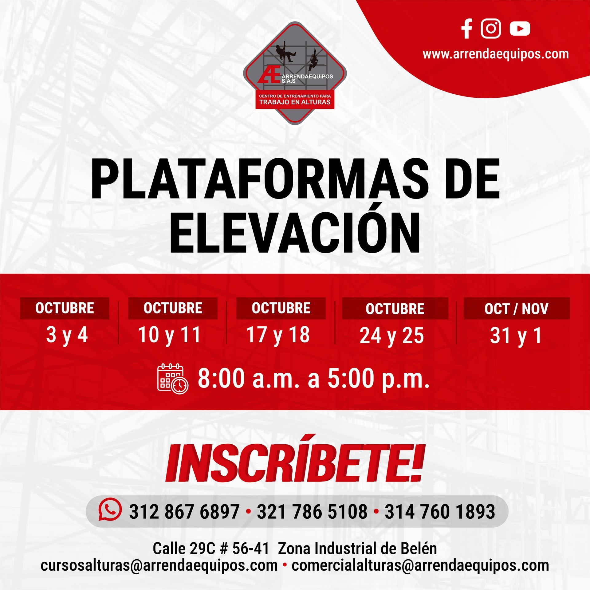 Anuncio de capacitación en plataformas elevadoras en octubre, con fechas, horarios e información de contacto.