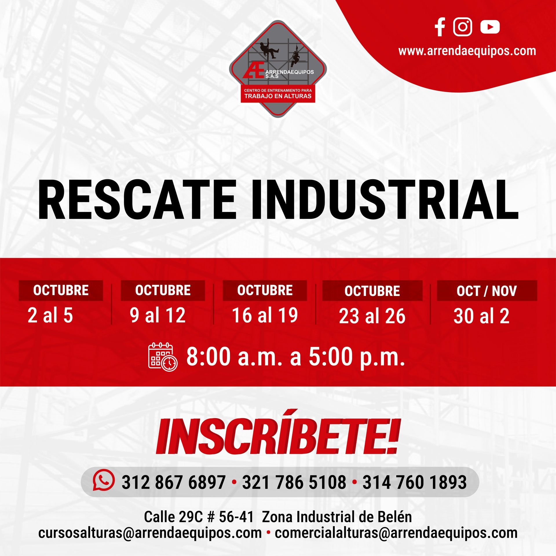 Anuncio de cursos de rescate industrial para octubre y noviembre. Incluye información de contacto.