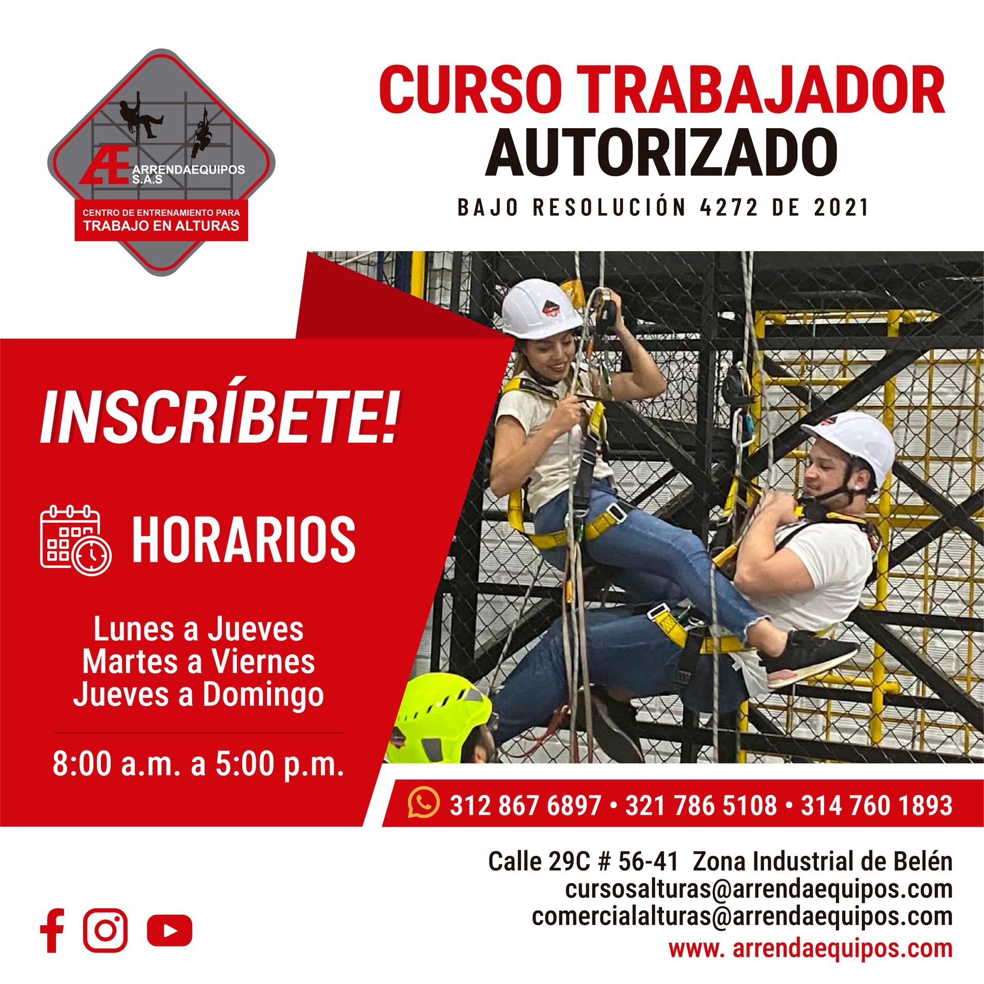 Anuncio de un curso para trabajadores autorizados. Dos personas con arneses en una estructura, con texto, horario e información de contacto.