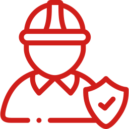 Dibujo con línea roja de un trabajador con casco sosteniendo un escudo con una marca de verificación.