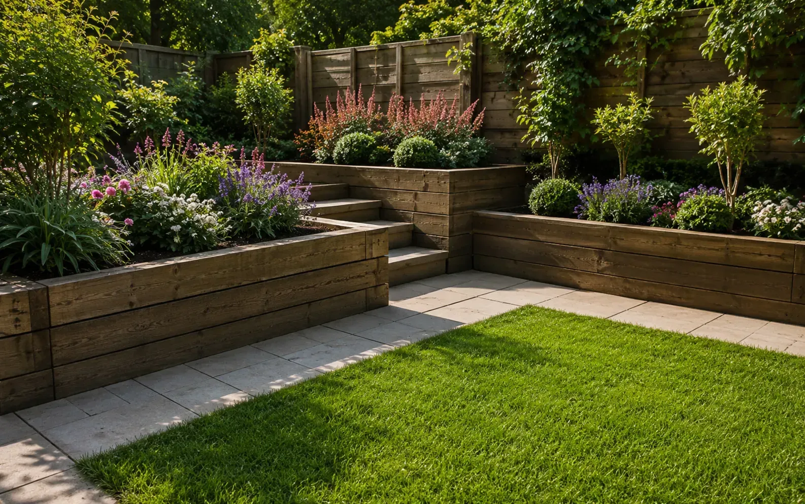 Modern garden bed with flowering plants and warm ground lights beside a gravel path