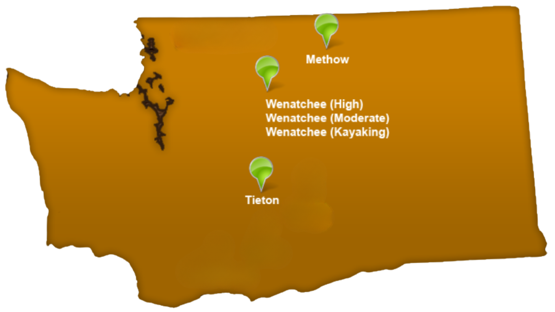 A map of the state of washington with three green pins on it