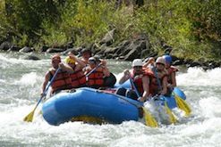 A group of people are rafting down a river.