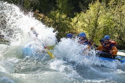 A group of people are rafting down a river.