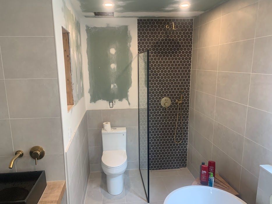 Narrow bathroom with white toilet, tiled shower wall, glass partition, and wall patch above the toilet