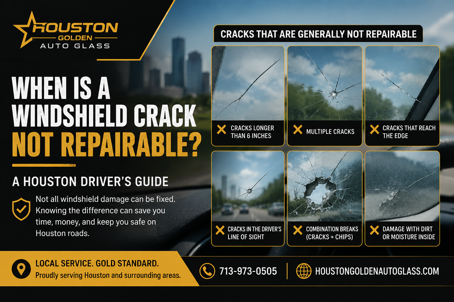Houston Auto Glass ad: cracked windshield repair guide with six crack photos and contact info.