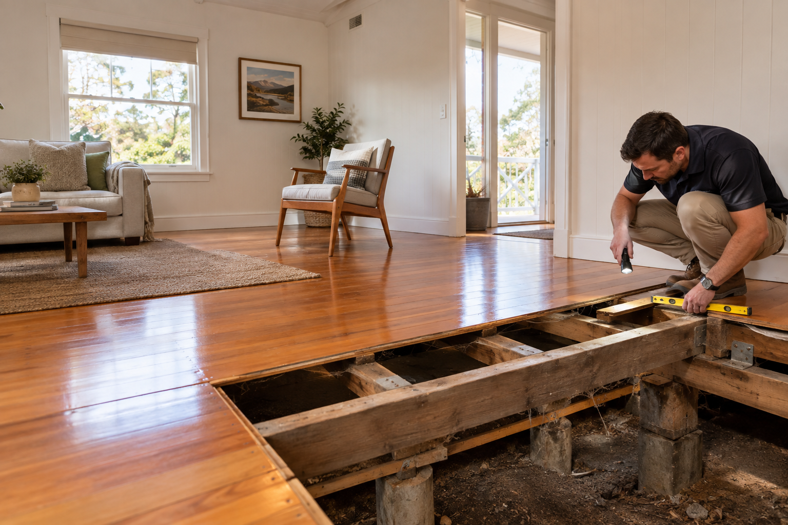 Worker inspecting a damaged hardwood floor with a large hole in a bright living room