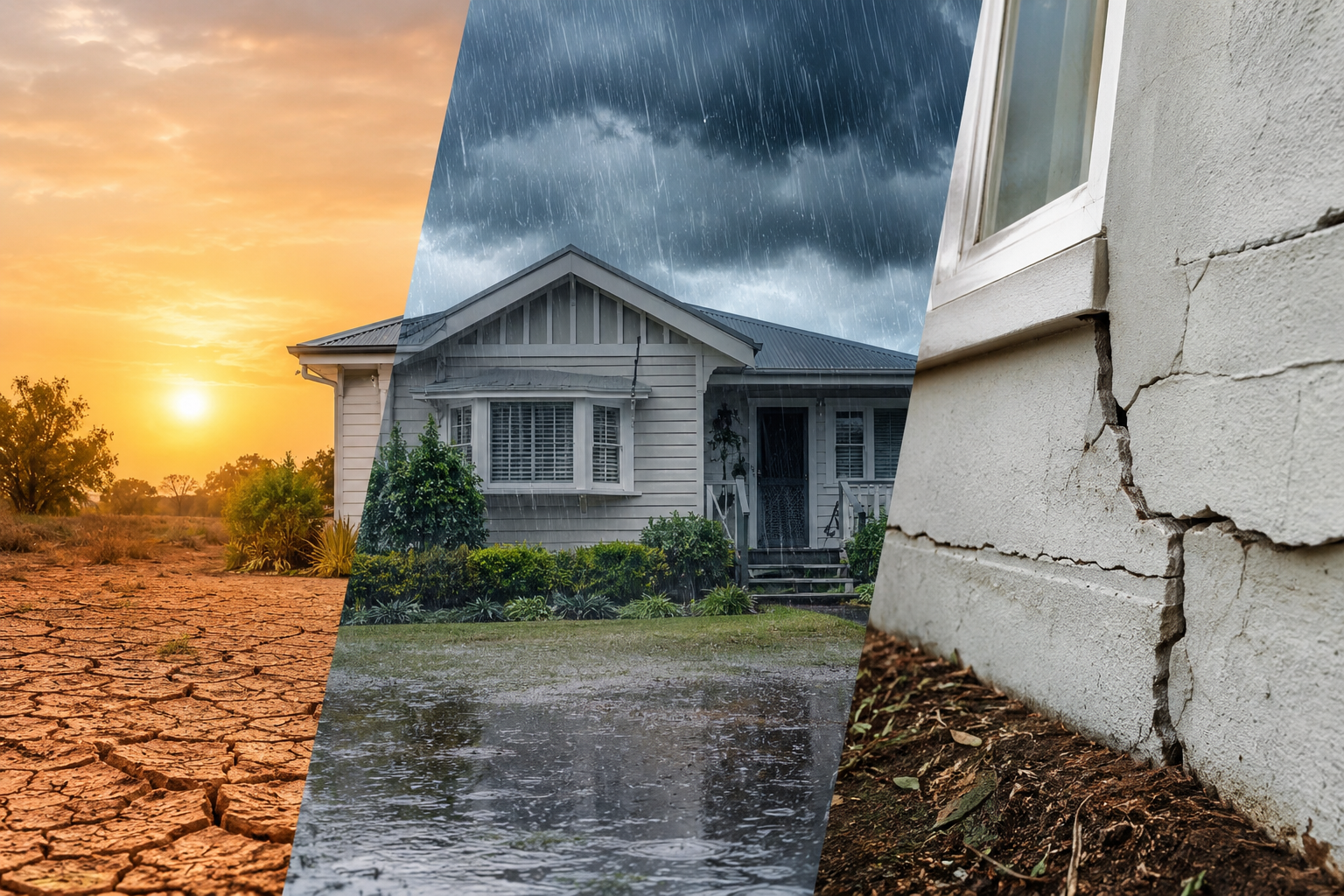 Three scenes of climate extremes: drought, flooding, and storm damage around a house