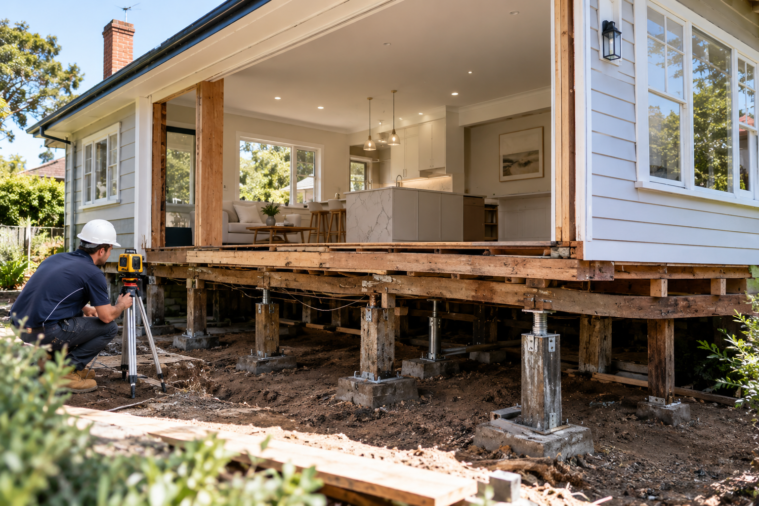 Worker inspecting raised house foundation during home renovation