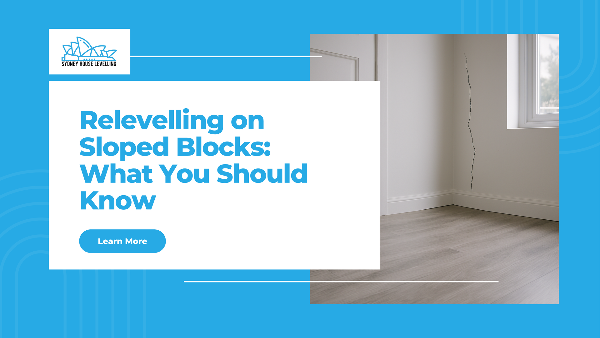 Website banner for sloped-block leveling, with blue background, white headline, and interior room photo