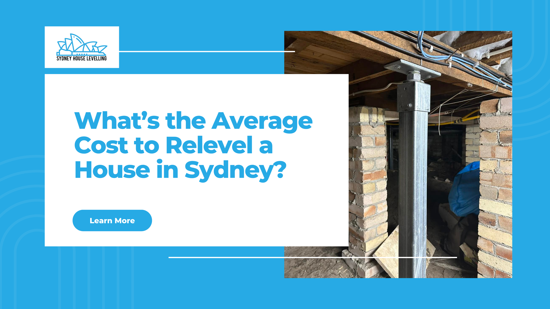 Blue website banner asking “What’s the Average Cost to Relevel a House in Sydney?” with house foundation photo and “Learn How” button