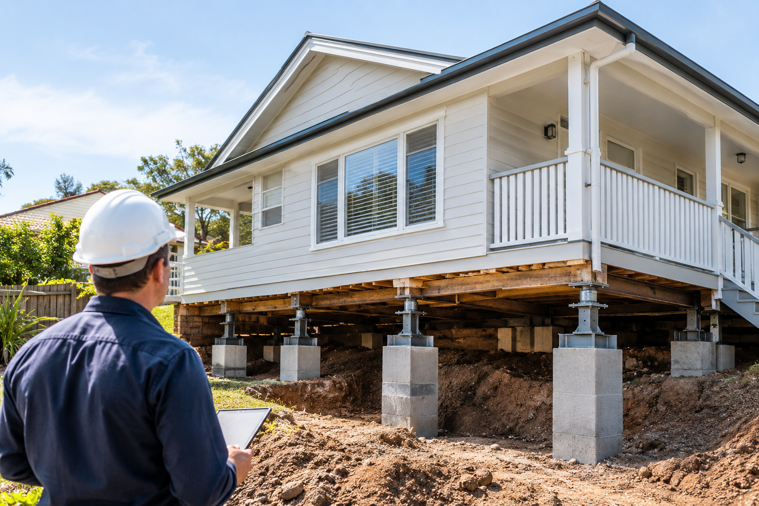 Inspection of a raised house on concrete piers during foundation repair