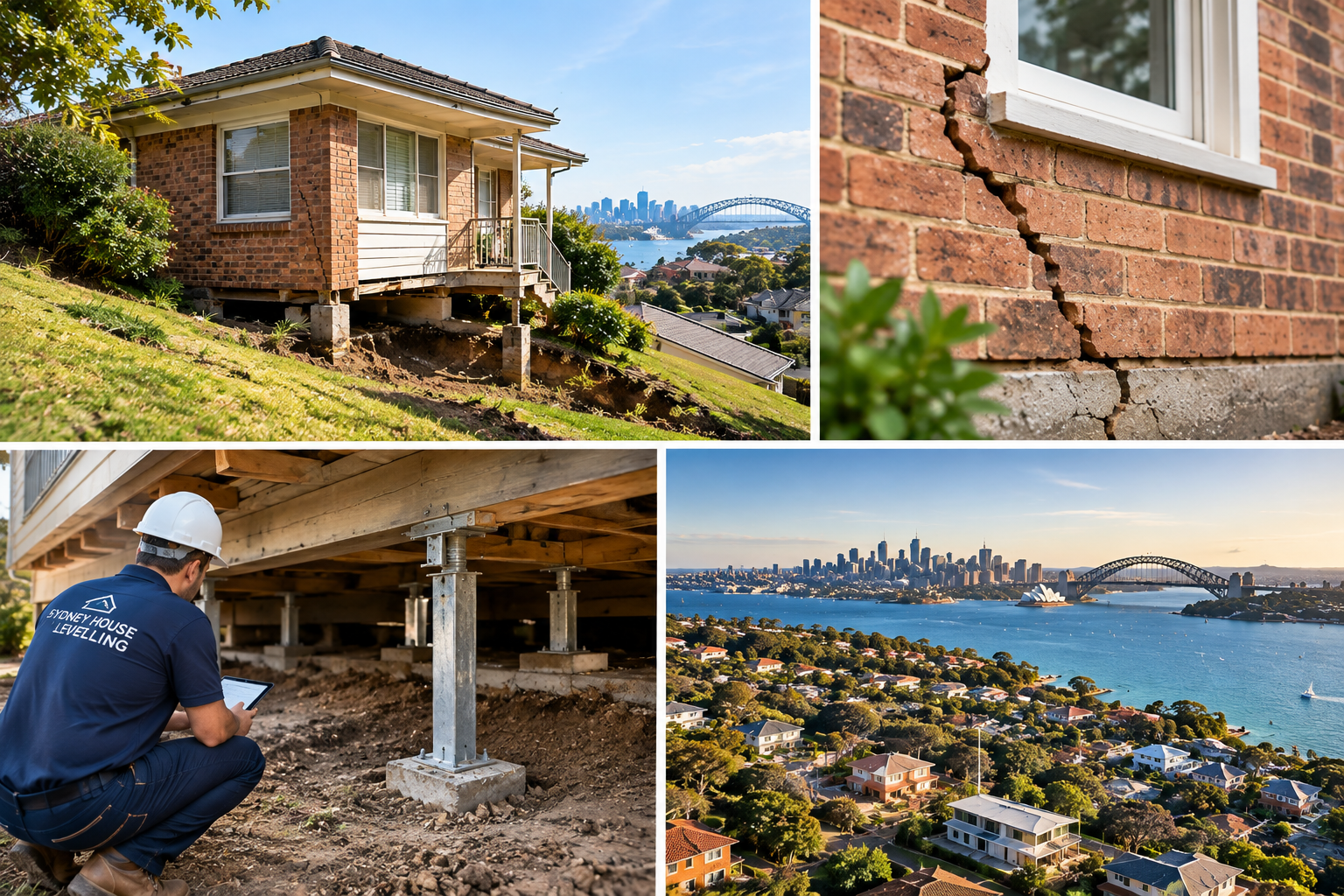 Collage of earthquake damage to a hillside house in Sydney, with cracked brick, foundation inspection, and harbor view