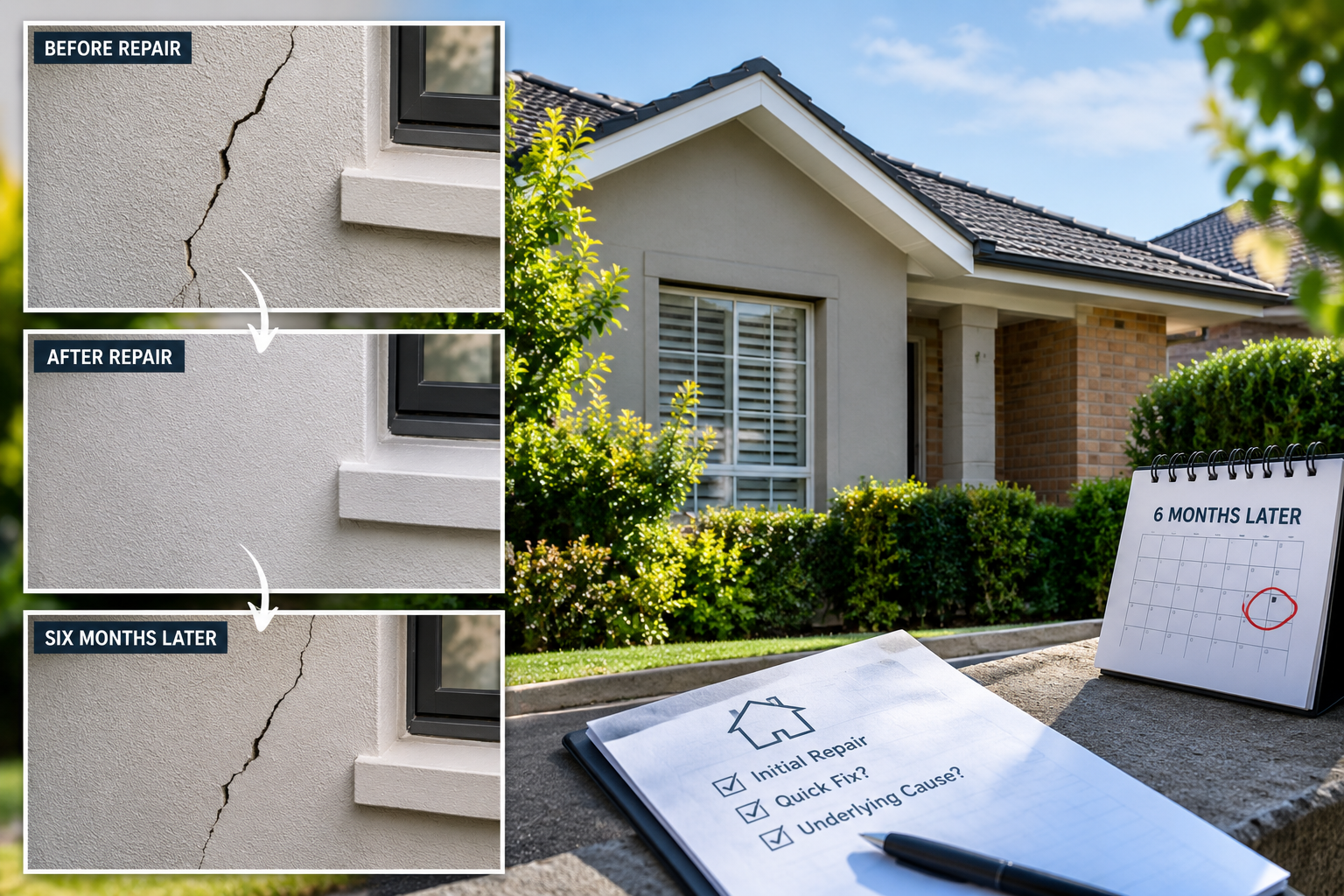 Home inspection collage showing exterior wall cracks and a signed report on a house exterior