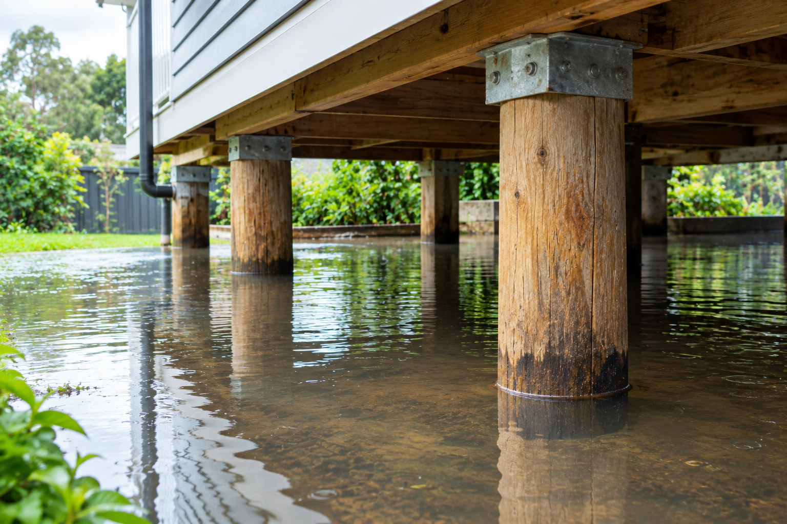 Floodwater beneath a raised house, with wooden support posts standing in shallow water.
