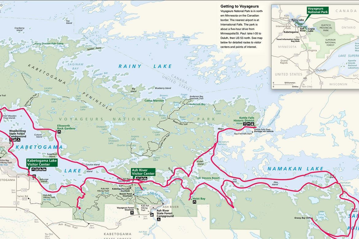 A map of Voyageurs National Park showing a purple-outlined trail connecting Kabetogama and Namakan lakes.
