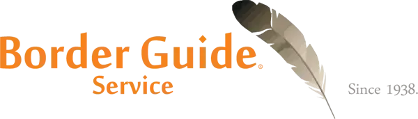 Logo for Border Guide Service, featuring orange text, a feather graphic, and the founding year 1938.