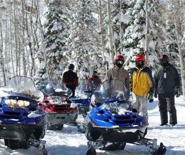 A group of people wearing helmets and winter gear stand with snowmobiles in a snow-covered forest.