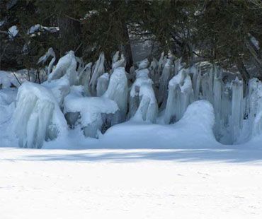 Thick icicles and snow formations coat the bases of trees along the edge of a snow-covered, frozen landscape.