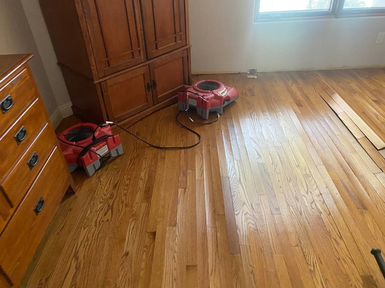 Two red fans on wet hardwood floor in a room with wooden furniture.