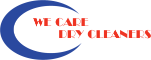 Logo for We Care Dry Cleaners with red text and a blue crescent swoosh