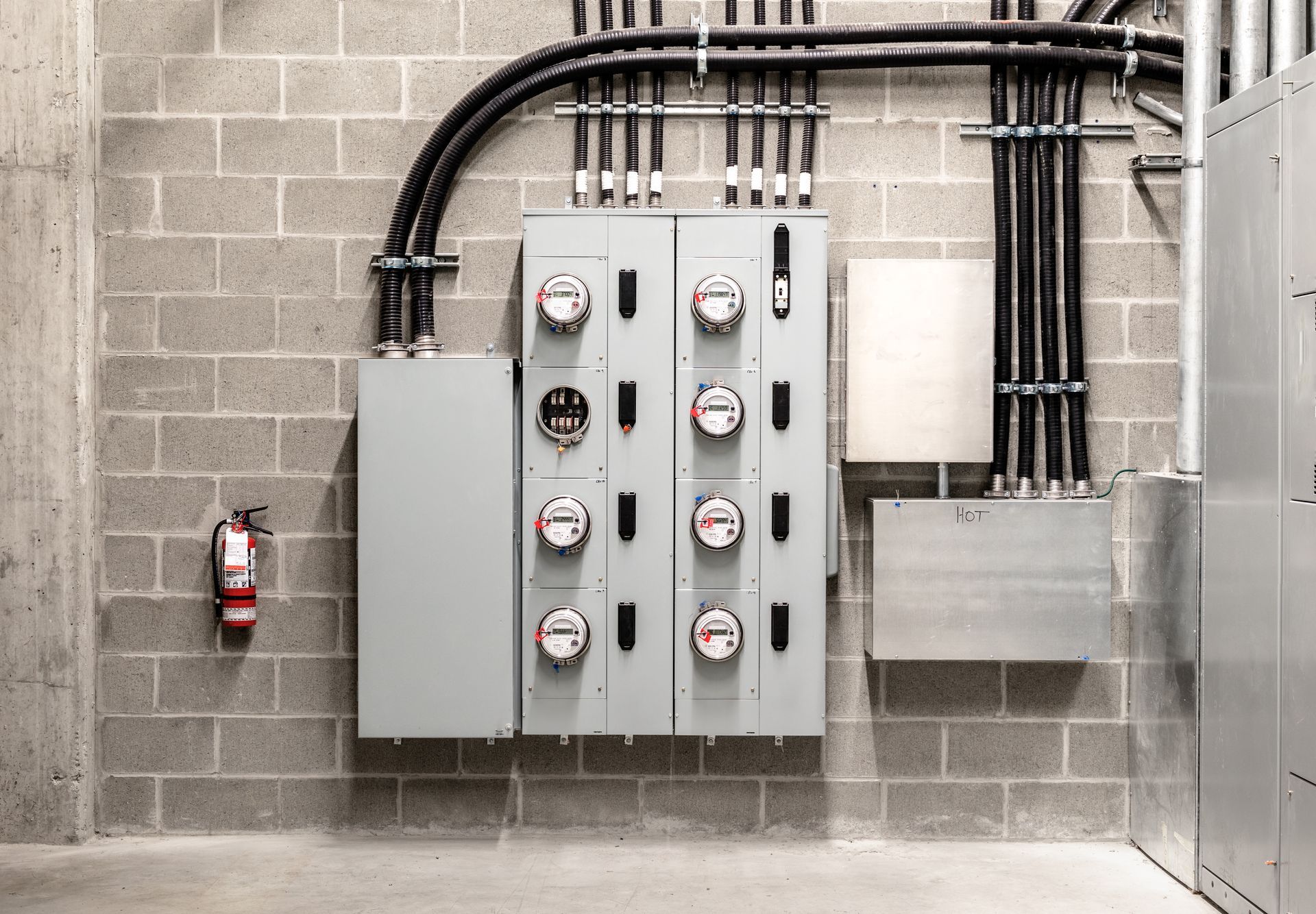 Gray electrical panels and conduit mounted on a cinderblock wall in an industrial room