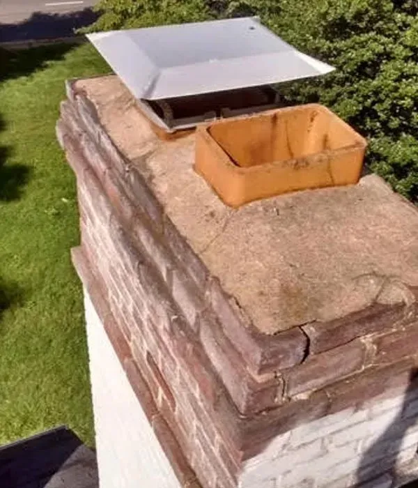 A brick chimney with a square roof cap on top of it.