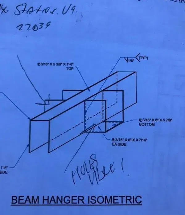 A blueprint of a beam hanger isometric.
