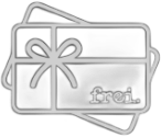 Grey gift card with a bow and the word “frei” in the lower right corner