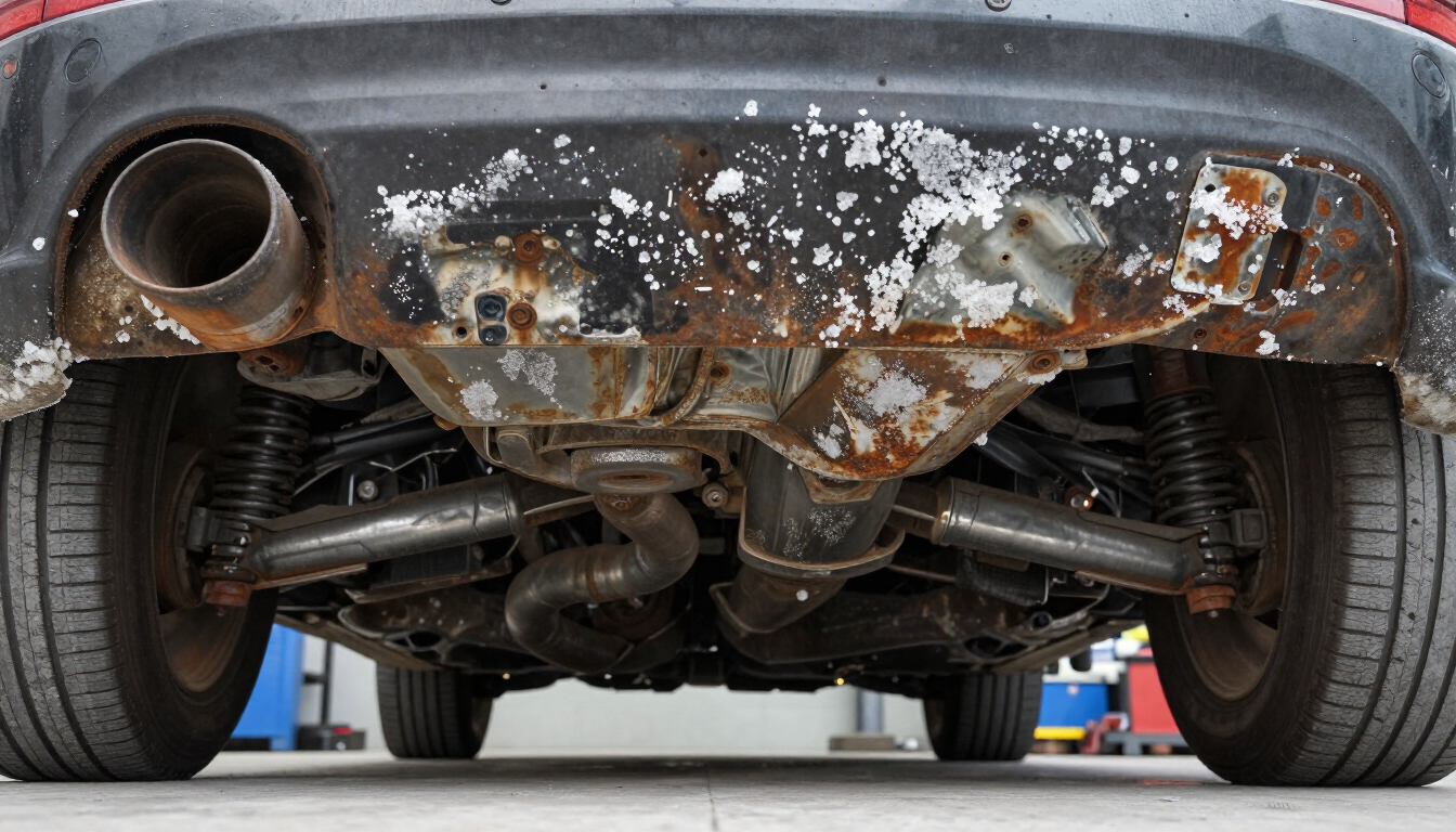 A vehicle undercarriage showing the effects of road salt and corrosion in Maine.