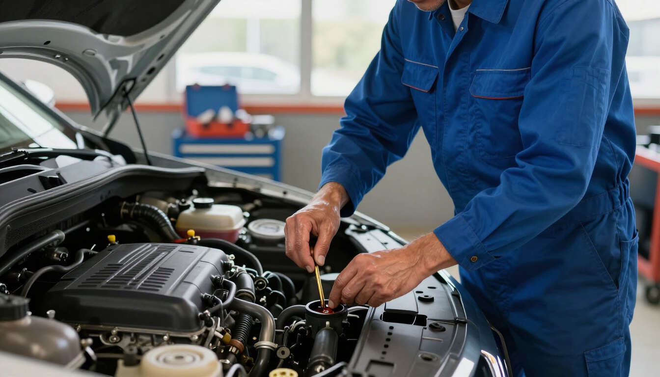 Mechanic checking transmission fluid levels in a modern auto shop.