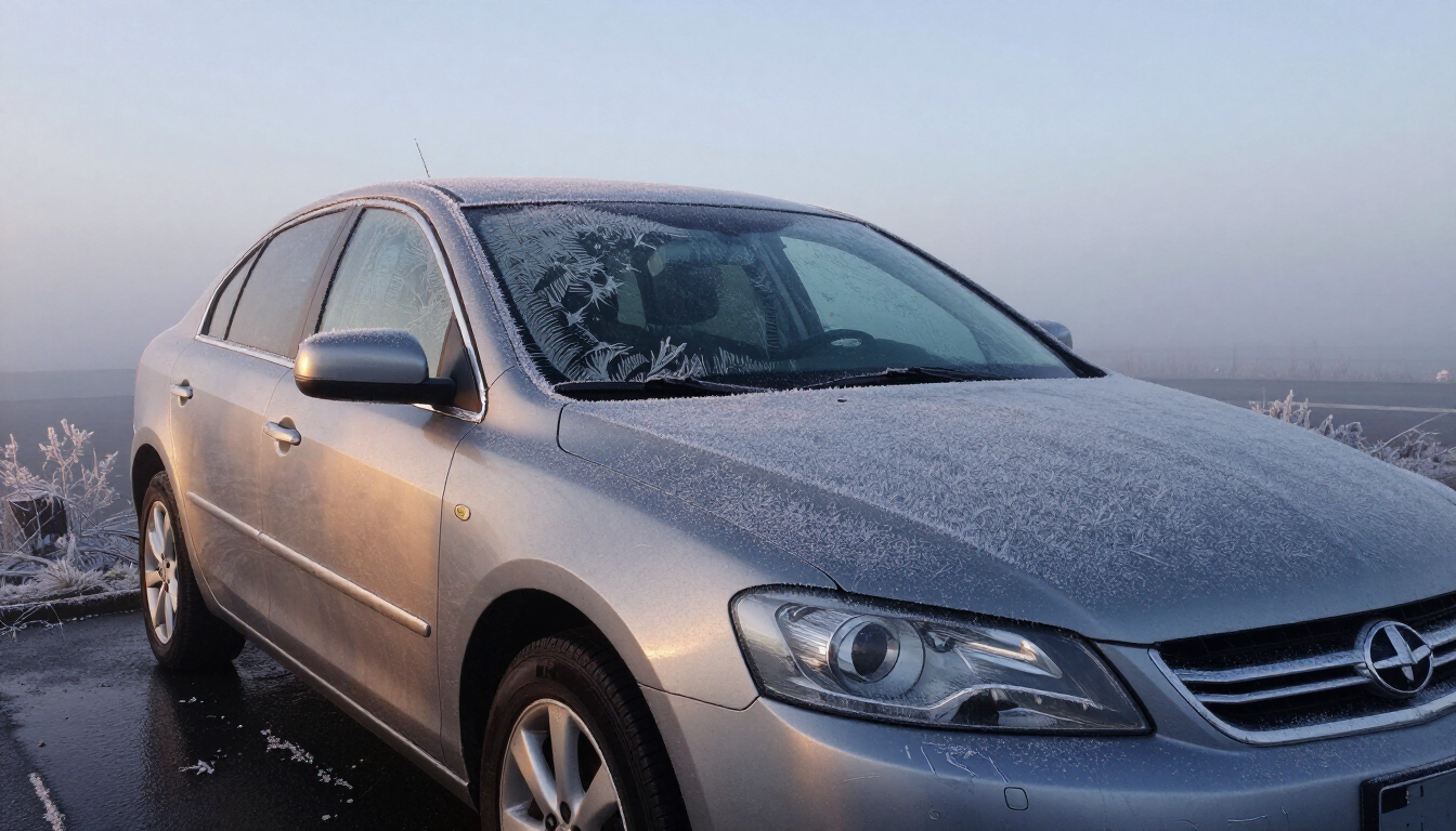 Frosty car in winter morning illustrating cold start issues
