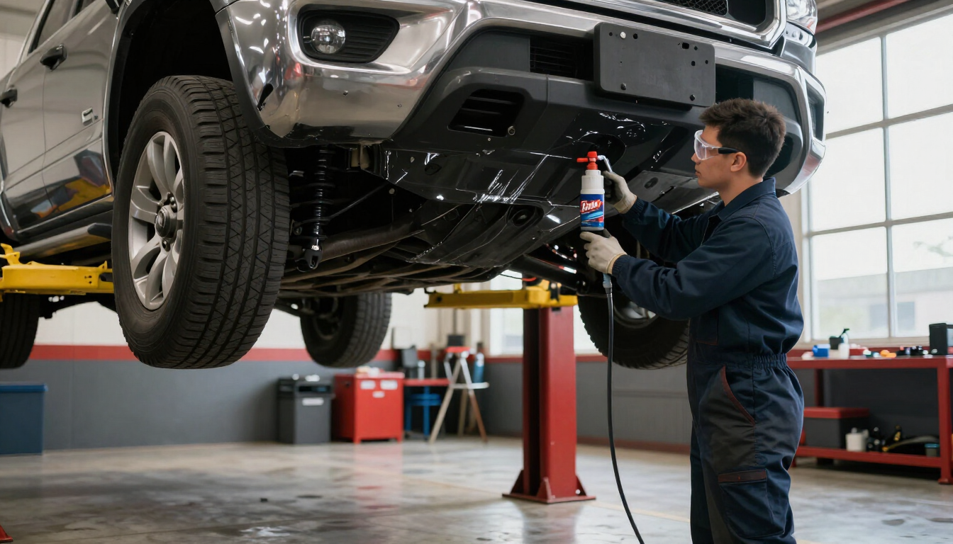 Fluid Film undercoating applied to a vehicle undercarriage for Maine road salt protection