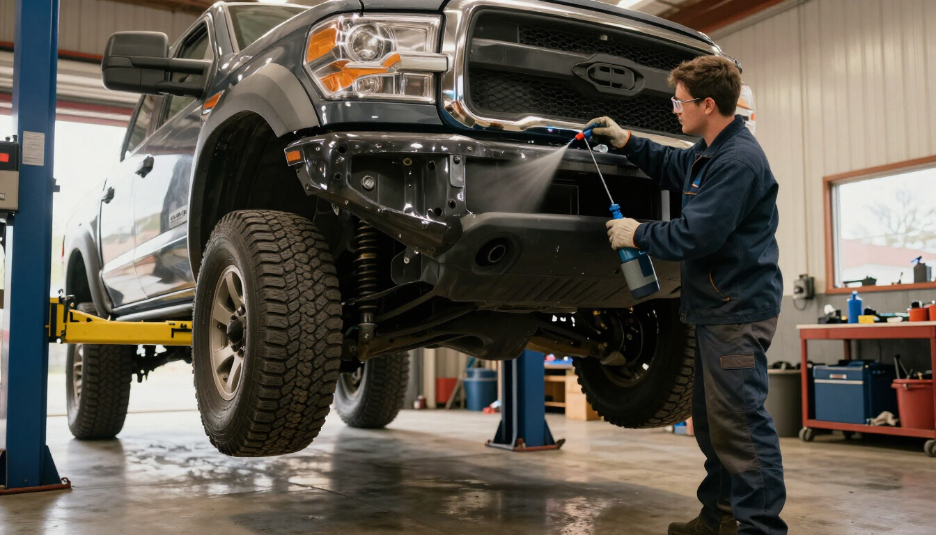 Maine driver preparing a truck for winter with an undercarriage protection service