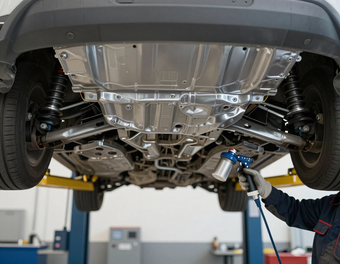 Close-up of clean undercarriage metal receiving protective winter coating