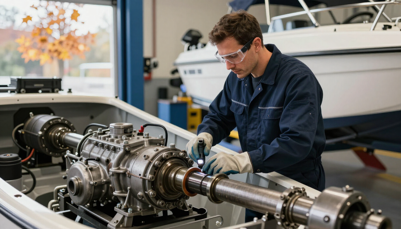 Technician examining a boat transmission and driveline before seasonal storage