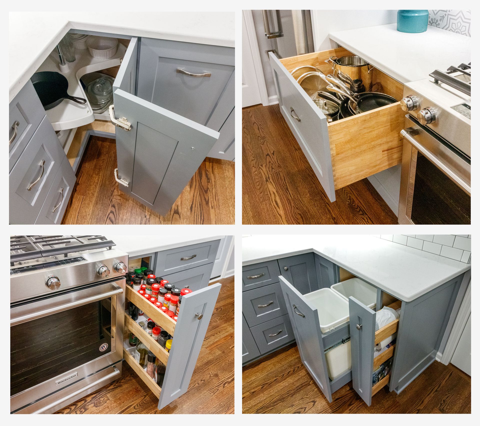 Four kitchen cabinet pull-out storage systems in gray cabinets, including trash, corner, spice, and drawer organizers