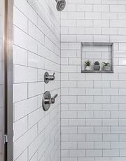White tiled shower with chrome fixtures and a recessed shelf holding small potted plants.