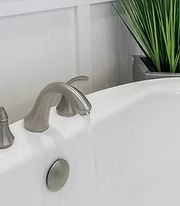 Chrome bathtub faucet beside a white tub with a green plant in the corner