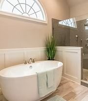 Bright bathroom with a white freestanding tub, potted plant, and walk-in shower under arched windows