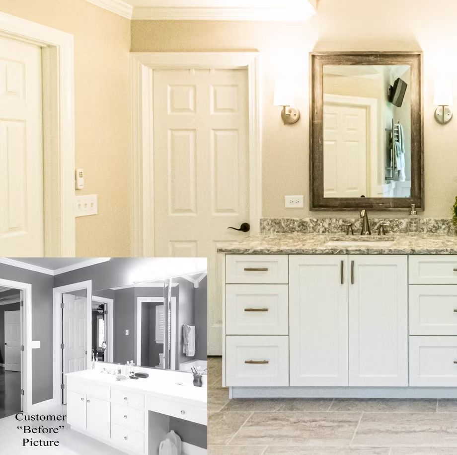 Bright bathroom vanity with white cabinets, granite countertop, large mirror, and inset before-after photo.