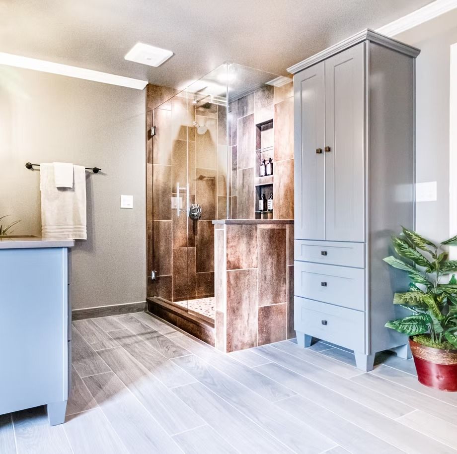Modern bathroom with walk-in glass shower, white storage cabinet, and potted plant on light wood floor