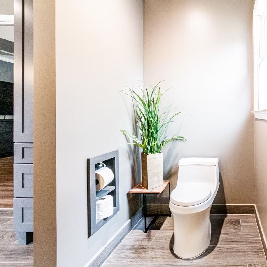 Modern bathroom with a white toilet, wall niche, and a potted plant on a small shelf.