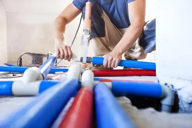 A Man is Working on a Pipe System in a Room — Edwards Plumbing Pty Ltd in Kingscliff, NSW